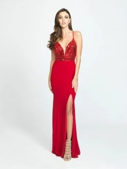 Madison James - 19-183 Beaded Deep V-neck Jersey Trumpet Dress