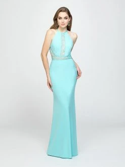 Madison James - 19-184 Lace Halter Stretch Satin Trumpet Dress Formal Gowns