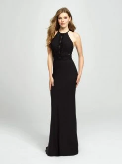 Madison James - 19-184 Lace Halter Stretch Satin Trumpet Dress Formal Gowns