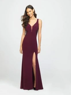 Formal Gowns Madison James - 19-191 Lace Jersey Deep V-neck Sheath Dress 9 Formal Gowns Madison James - 19-191 Lace Jersey Deep V-neck Sheath Dress