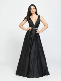 Formal Gowns Madison James - 19-204 Embellished Deep V-neck Stretch Satin Dress