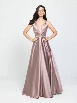 Formal Gowns Madison James - 19-204 Embellished Deep V-neck Stretch Satin Dress