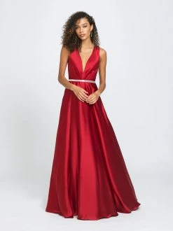 Formal Gowns Madison James - 19-204 Embellished Deep V-neck Stretch Satin Dress