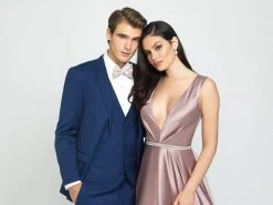 Formal Gowns Madison James - 19-204 Embellished Deep V-neck Stretch Satin Dress