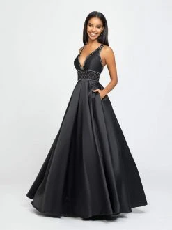 Madison James - 19-206 Beaded Deep V-neck Jersey A-line Dress Formal Gowns