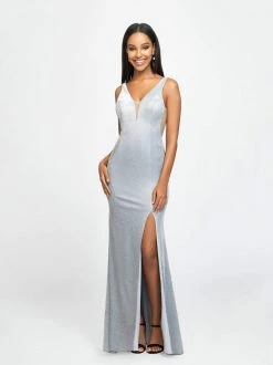 Formal Gowns Madison James - 19-208 V-neck Glitter Knit Trumpet Dress