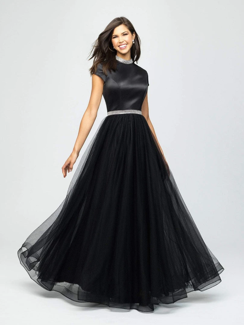 Madison James - 19-255M Satin High Neck Dotted Swiss Tulle Aline Dress Formal Gowns 3 Madison James - 19-255M Satin High Neck Dotted Swiss Tulle Aline Dress Formal Gowns