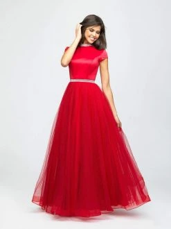 Madison James - 19-255M Satin High Neck Dotted Swiss Tulle Aline Dress Formal Gowns 7 Madison James - 19-255M Satin High Neck Dotted Swiss Tulle Aline Dress Formal Gowns