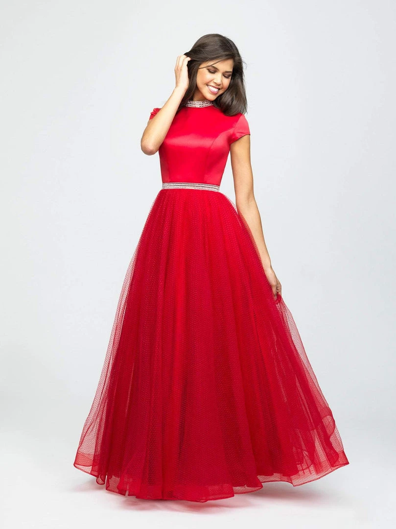 Madison James - 19-255M Satin High Neck Dotted Swiss Tulle Aline Dress Formal Gowns 4 Madison James - 19-255M Satin High Neck Dotted Swiss Tulle Aline Dress Formal Gowns