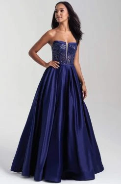Formal Gowns Madison James - 20-372 Sequined Deep V-neck Satin Ballgown
