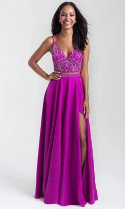 Madison James - 20-389 Beaded V-Neck High Slit Long Gown