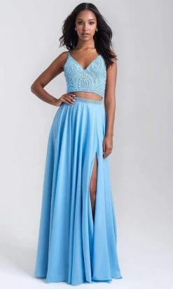 Madison James - 20-389 Beaded V-Neck High Slit Long Gown