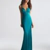 Formal Gowns Madison James - Deep V-neck Stretch Satin Sheath Dress 18-723 - 2 Pcs Teal In Size 6 And 8 Available