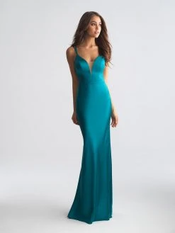 Formal Gowns Madison James - Deep V-neck Stretch Satin Sheath Dress 18-723 - 2 Pcs Teal In Size 6 And 8 Available