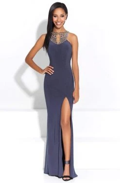 Madison James - Long Jersey Dress With Beaded Neckline 17-267 Formal Gowns