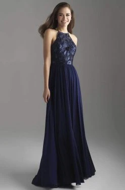 Madison James Sequin Embroidered Halter A-Line Evening Gown 18-605 - 1 Pc Navy In Size 2 Available Formal Gowns