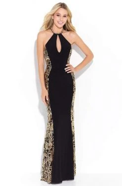Madison James - Sequined Halter Evening Dress 17-261 - 1 Pc Blk/Gd In Size 6 Available Formal Gowns