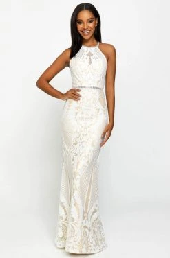 Madison James - Sequined Halter Trumpet Dress 19-173 - 1 Pc Ivory In Size 18 And 1 Pc Black In Size 24 Available Formal Gowns