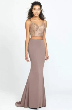 Madison James - Two Piece Beaded Jersey Trumpet Dress 19-167 - 1 Pc Peach In Size 00 Available Formal Gowns