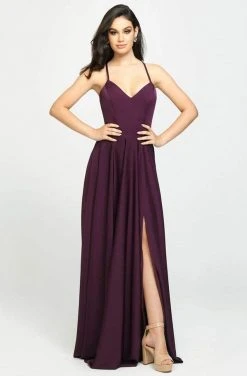 Madison James - V-Neck Sleeveless Stretch Satin A-Line Gown 19-178 - 1 Pc Purple In Size 24 Available Formal Gowns