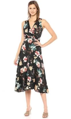 Cocktail Dresses Maggy London - G3784M Tea Length Floral Surplice Dress