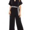 Maggy London - G4082M Short Sleeve Stripe Belted Capri Jumpsuit