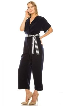 Maggy London - G4082M Short Sleeve Stripe Belted Capri Jumpsuit