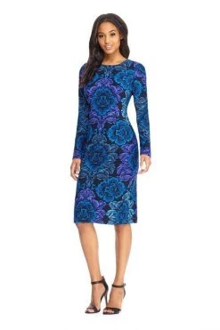 Maggy London - GSF03M Long Sleeve Floral Print Midi Dress - 1 Pc Navy Blue In Size 4 Available