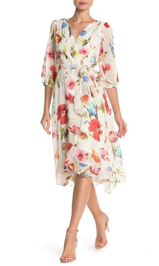 Maison Tara - 91039M Tea Length Floral Faux Wrap Dress Cocktail Dresses 3 Maison Tara - 91039M Tea Length Floral Faux Wrap Dress Cocktail Dresses