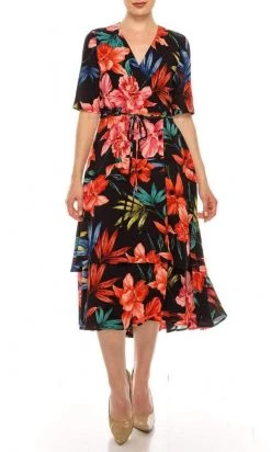 Cocktail Dresses Maison Tara - 91071M Short Sleeve Floral Print A-Line Dress