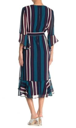Maison Tara - 91116M Tea Length Stripe Wrap Chiffon Dress