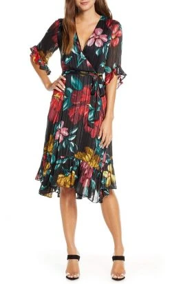 Maison Tara - 91125M Tea Length Floral Metallic Wrap Style Dress Cocktail Dresses