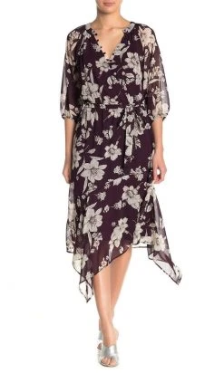 Maison Tara - 91136M Tea Length Floral Faux Wrap Style Dress Cocktail Dresses