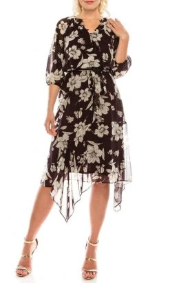 Maison Tara - 91136M Tea Length Floral Faux Wrap Style Dress Cocktail Dresses