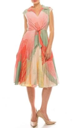 Cocktail Dresses Maison Tara - 91238M Cap Sleeve Tie-Waist Print A-Line Dress