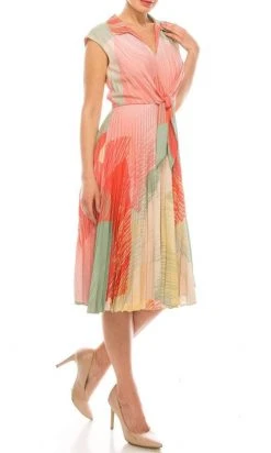 Cocktail Dresses Maison Tara - 91238M Cap Sleeve Tie-Waist Print A-Line Dress