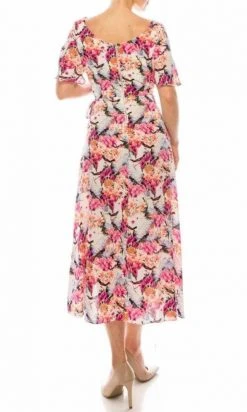 Maison Tara - 91283M Tea Length Flutter Sleeve Floral Dress Cocktail Dresses