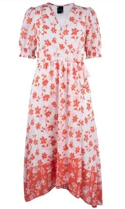 Maison Tara - 95014M Floral Print V Neck Faux Wrap Dress