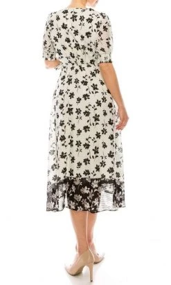 Maison Tara - 95014M Floral Print V Neck Faux Wrap Dress