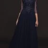 Marsoni By Colors - Illusion Bateau Adorned Quarter Sleeve Dress M214 - 1 Pc Eggplant In Size 14, 1 Pc Navy In Size 14 Available