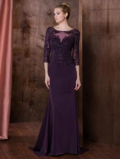 Marsoni By Colors Lace Ornate Quarter Sleeve Illusion Gown - 1 Pc Eggplant In Size 12 Available Formal Gowns