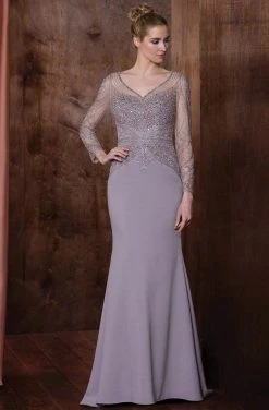 Formal Gowns Marsoni By Colors - Long Sleeve Bejeweled V-Neck Trumpet Dress M195 - 1 Pc Taupe In Size 22 Available