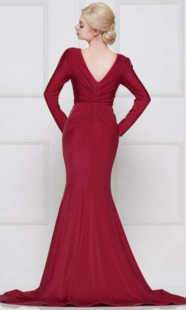 Marsoni By Colors - Long Sleeve V-neck Satin Trumpet Dress M257 4 Marsoni By Colors - Long Sleeve V-neck Satin Trumpet Dress M257