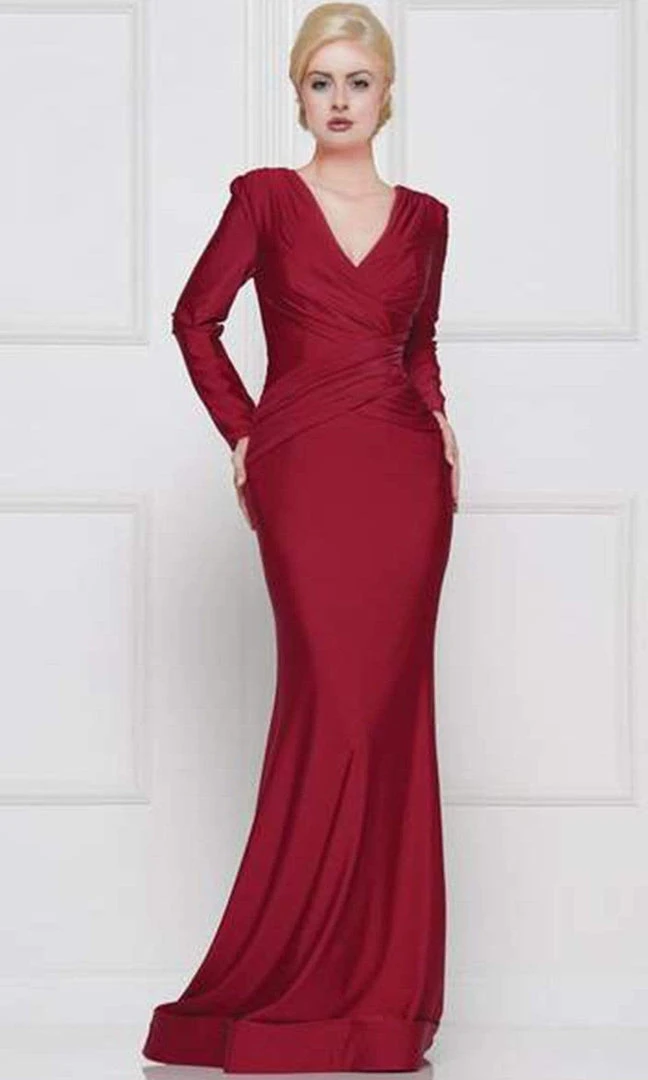 Marsoni By Colors - Long Sleeve V-neck Satin Trumpet Dress M257 3 Marsoni By Colors - Long Sleeve V-neck Satin Trumpet Dress M257