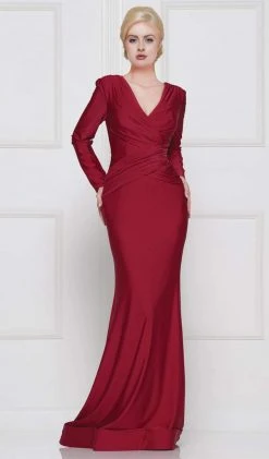 Marsoni By Colors - M257 Long Sleeve V-neck Satin Trumpet Dress Formal Gowns