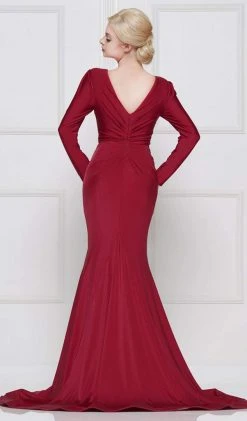 Marsoni By Colors - M257 Long Sleeve V-neck Satin Trumpet Dress Formal Gowns