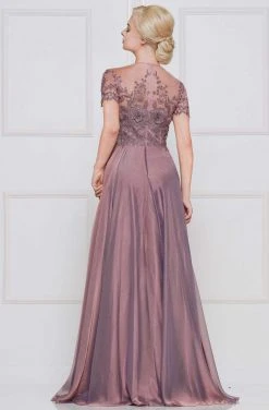 Marsoni By Colors - M274 Short Sleeve Embroidered Illusion Jewel Gown