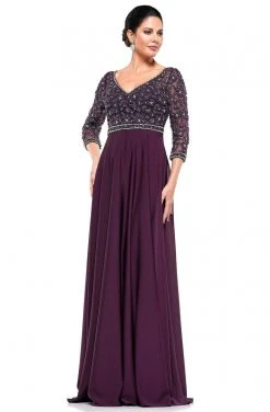 Marsoni By Colors - MV1016 Beaded V Neck A-Line Faille Gown