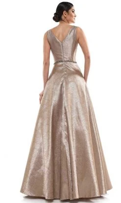 Marsoni By Colors - MV1033 Sleeveless V-Neck Beaded Waist Brocade Gown Formal Gowns