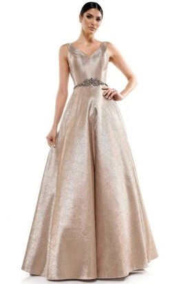 Marsoni By Colors - MV1033 Sleeveless V-Neck Beaded Waist Brocade Gown Formal Gowns